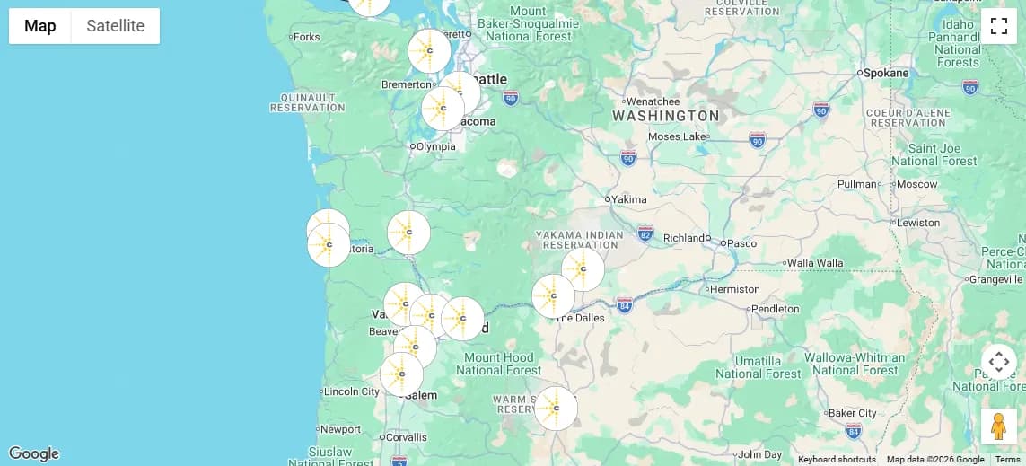 Map showing Clear Choice Dermatology clinic locations in Oregon and Washington